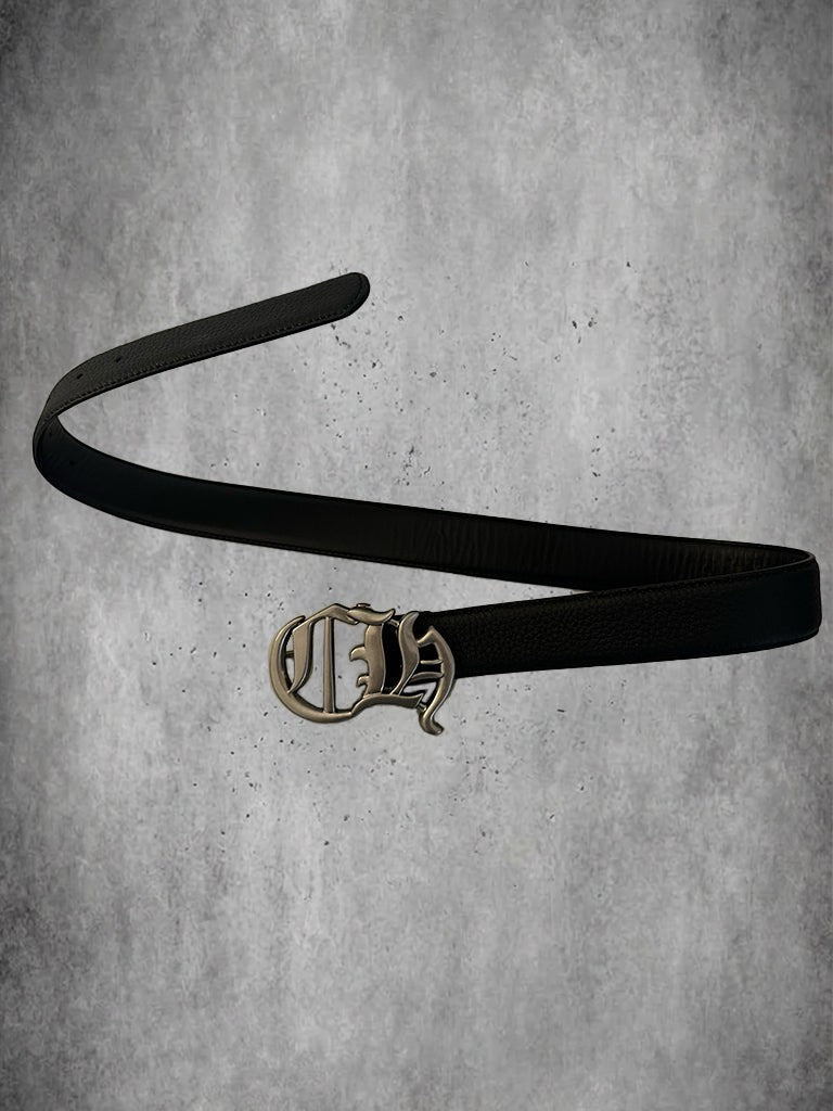 Vault4Garms Chrome Hearts black pebbled leather belt with an aged sterling silver CH Gothic script buckle