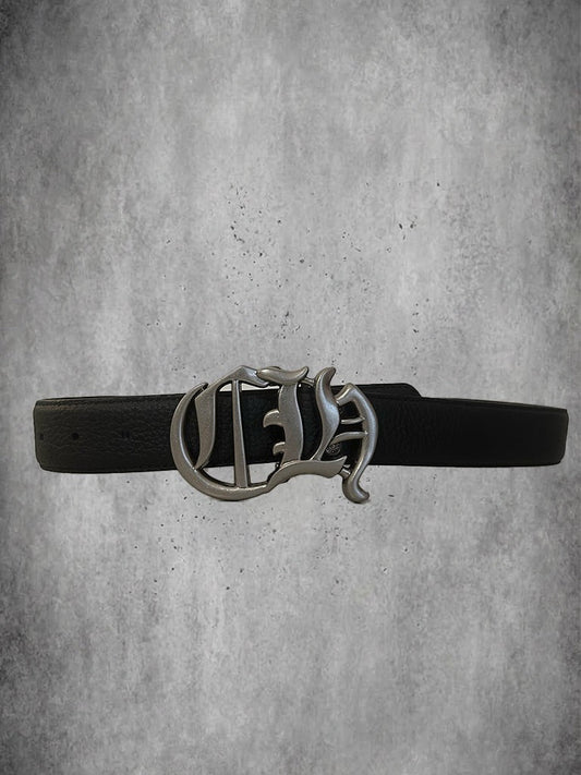 Vault4Garms Chrome Hearts black pebbled leather belt with an aged sterling silver CH Gothic script buckle.