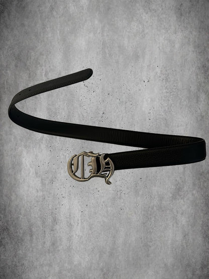 Vault4Garms Chrome Hearts black pebbled leather belt with an aged sterling silver CH Gothic script buckle